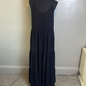 VENUS Black Gauze Maxi Dress Tiered w Open Lace Between Adjustable Straps L NWOT